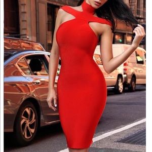 Red triangle cutout bandage dress